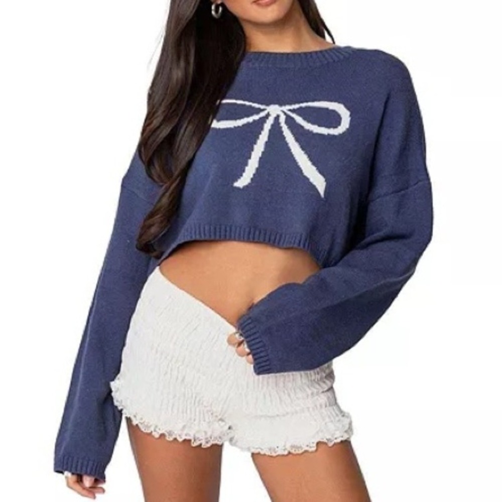 EDIKTED Knit Bow Cropped Sweater‎ Women's XS/S Navy Boho Dainty Coquette Girl